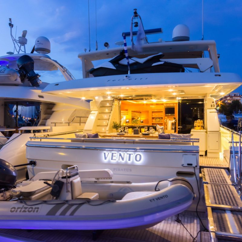 the Vento Yacht is anchored in the harbor of Zakynthos